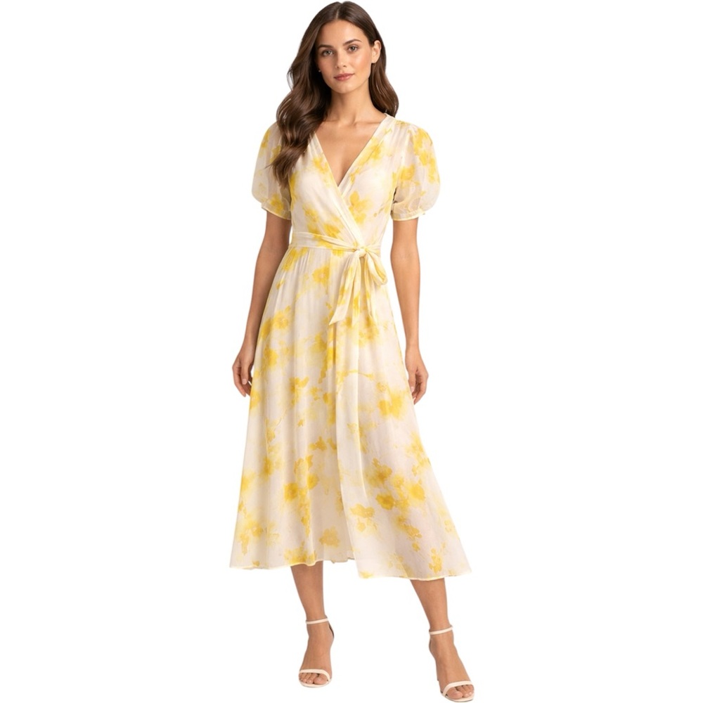 DKNY Yellow Floral Wrap Midi Dress Puff Sleeve 💕